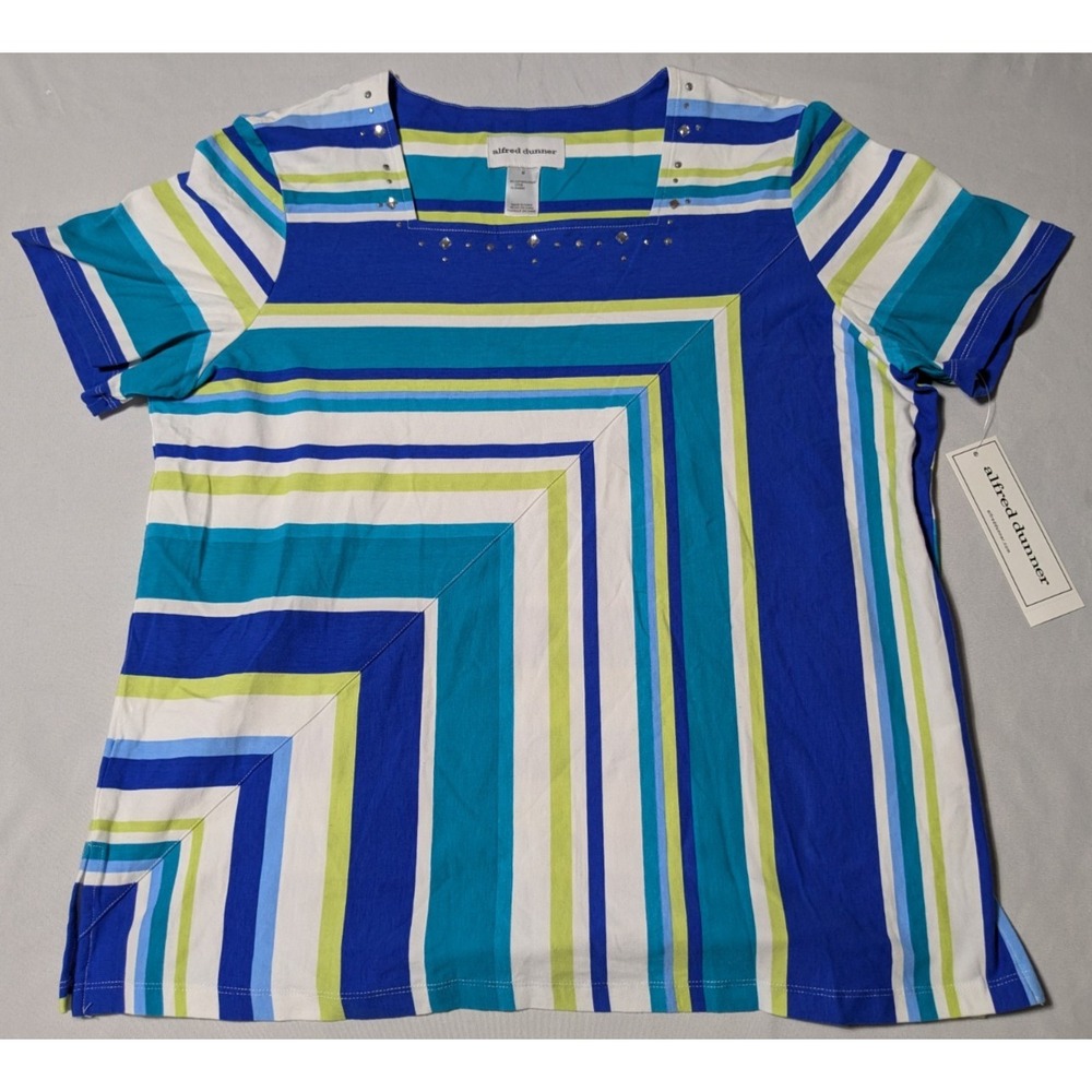ALFRED DUNNER WAIKIKI Women Medium Blue Multi Abstract Pullover Blouse NEW